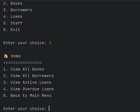 PyCharm terminal showing the Home menu with book, borrower, loan, and overdue-loan options