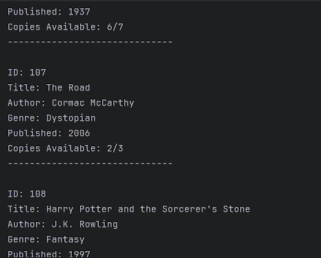 PyCharm terminal showing book records with publication years and available-copy counts