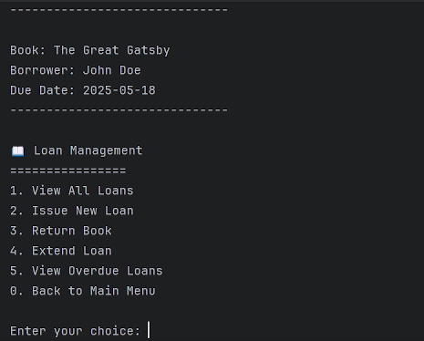 PyCharm terminal showing the loan menu with issue, return, extension, and overdue-loan actions