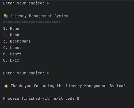 PyCharm terminal showing the library system exit message and exit code 0