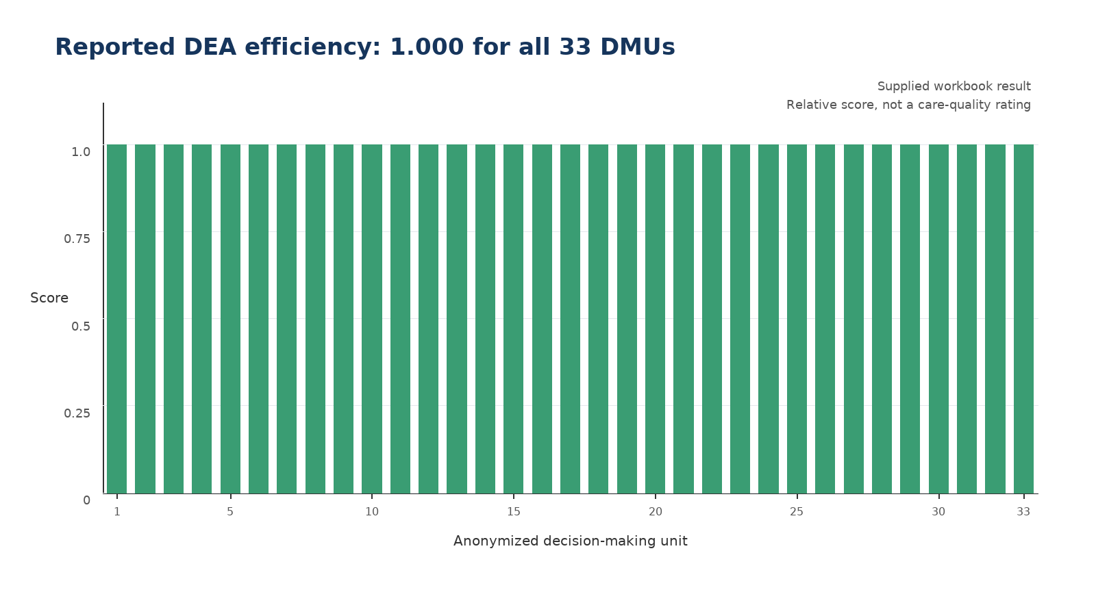 Reported efficiency score of 1.000 for all 33 filtered DMUs