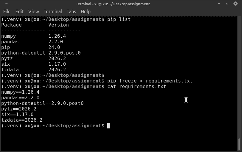 Terminal showing pip freeze output written to requirements.txt with pinned package versions