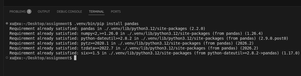 Terminal inside VS Code running pip install pandas with the .venv activated