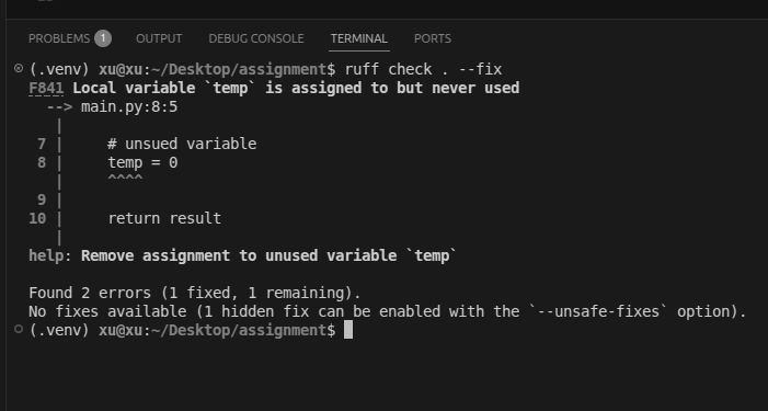 Terminal showing ruff check --fix output with fixes applied and one unsafe fix remaining that must be resolved manually