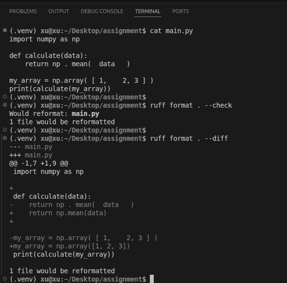 Terminal showing ruff format --diff output with proposed formatting changes highlighted as a diff