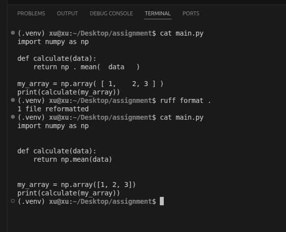 Terminal showing ruff format result listing files that were reformatted