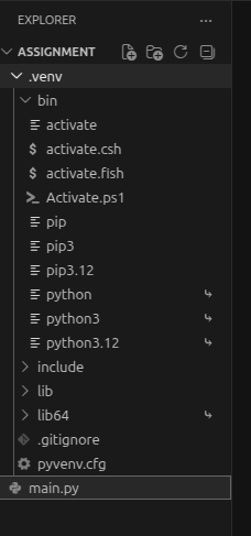 .venv folder tree in VS Code Explorer showing the bin directory with its own python and pip executables