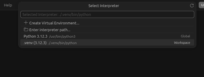 VS Code interpreter selection list with the .venv Python interpreter entry highlighted