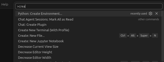 VS Code Command Palette showing the Python: Create Environment command selected