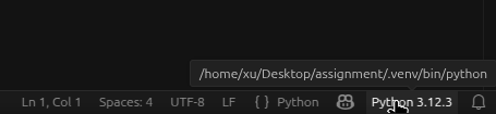 VS Code status bar showing the Python interpreter indicator with the .venv path
