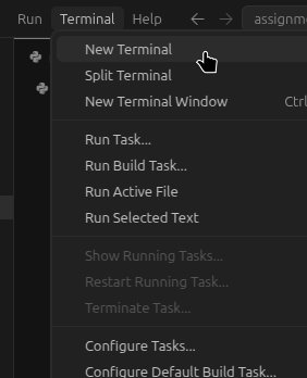 VS Code menu bar with Terminal > New Terminal highlighted