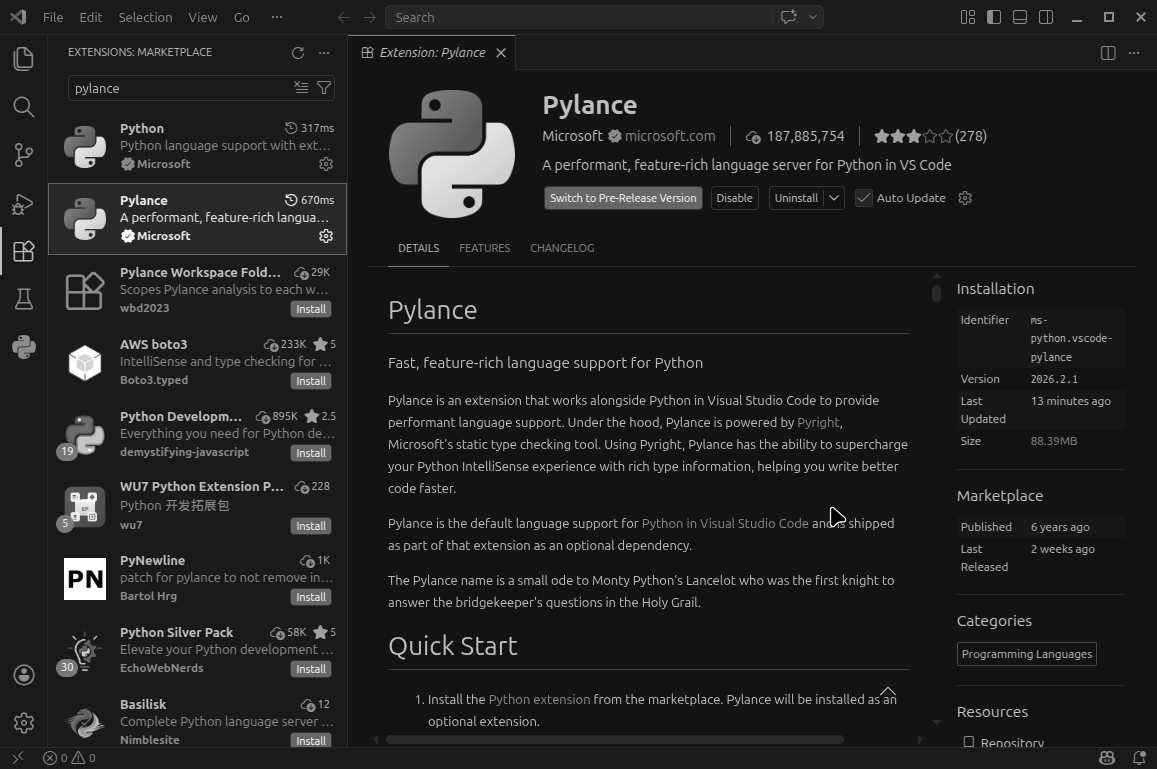 VS Code Extensions marketplace showing the Pylance extension page with language intelligence features listed