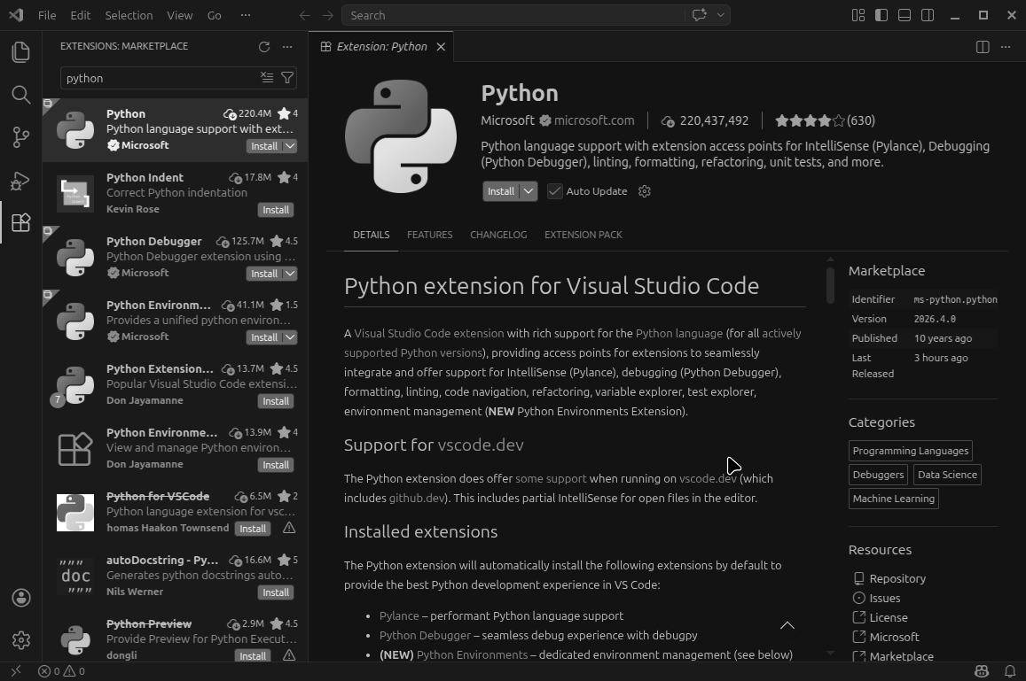 VS Code Extensions marketplace showing the Microsoft Python extension page with the Install button