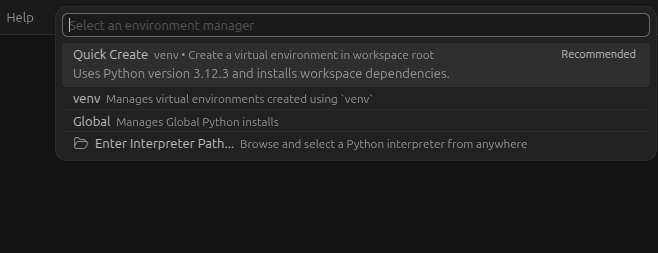 VS Code Quick Create option dialog for creating a new virtual environment