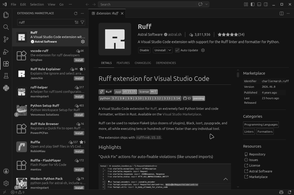 VS Code Extensions marketplace showing the Ruff extension page with linting and formatting features listed