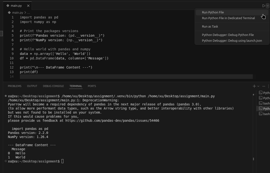 VS Code editor showing the Run Python File button in the top-right corner of a Python file