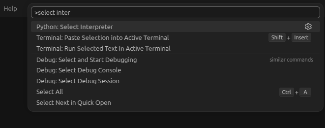 VS Code Command Palette showing the Python: Select Interpreter command